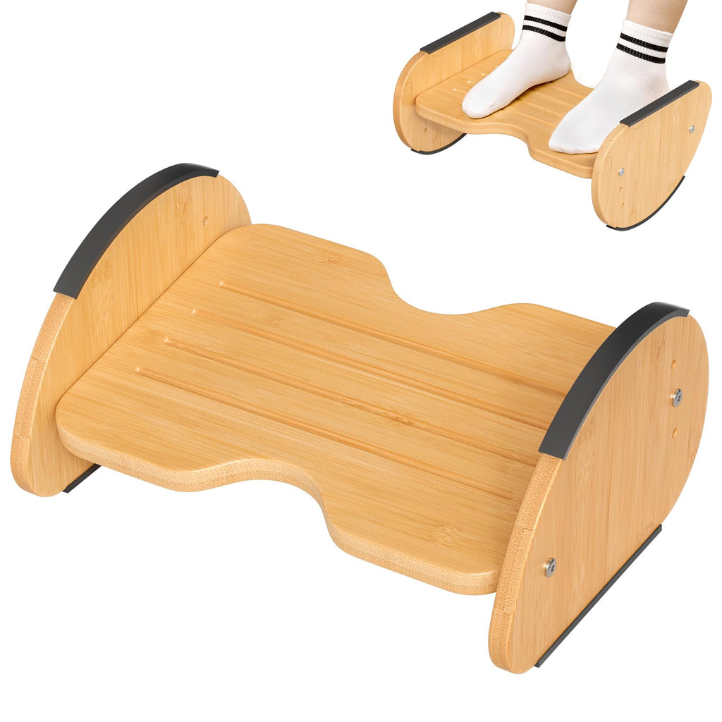 Bamboo Foot Rest for Under Desk at Work, 2-in-1 Reversible Rocking Footrest Adjustable Foot Stool, Ergonomic Footrest for Under Gaming Desk, Feet Support Leg Footstools for Home Office