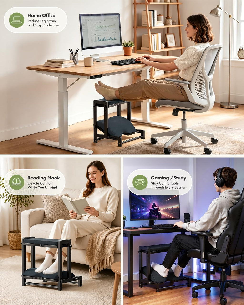 Double Step Foot Rest for Under Desk, 4 Adjustable Heights Bamboo Under Desk footrest with Soft Cushion, Dual-Layer Desk Foot Stool for Office Home Gaming, Natural Wood Foot Rests for Work