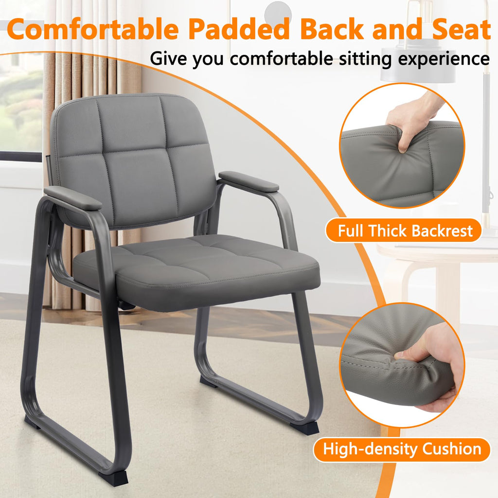 2 Pack, Waiting Room Guest Chair with Bonded Leather Padded Arm Rest for Office Reception and Conference Desk Black with Sled Base Grey