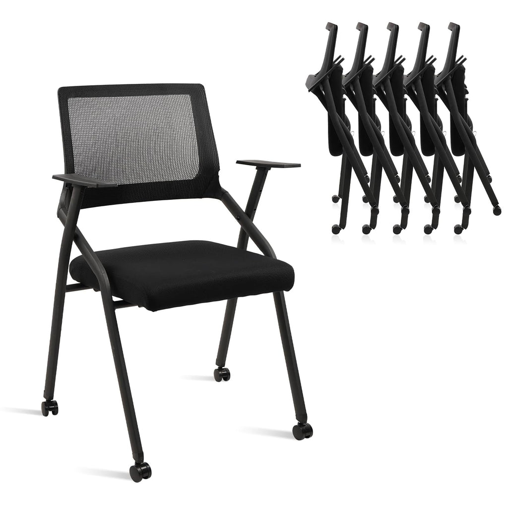 Black (6pk), Stackable Foldable Conference Room Chairs with Wheels, Portable Padded Office Desk Chair with Lumbar Support and Armrest for Training Room, Guest, Reception, Event