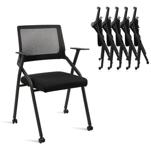 Black (6pk), Stackable Foldable Conference Room Chairs with Wheels, Portable Padded Office Desk Chair with Lumbar Support and Armrest for Training Room, Guest, Reception, Event