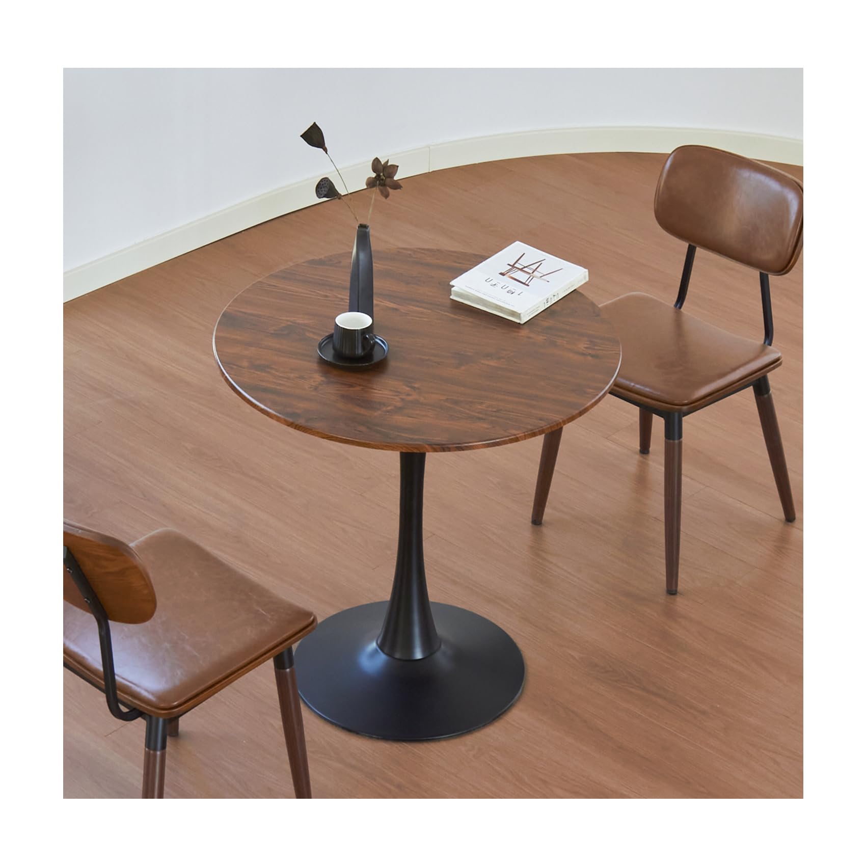 Round Dining Table, 24" Circle Tulip Table with Thickened Tabletop & Metal Pedestal, Mid Century Modern Bistro Table for Kitchen, Small Places, Living Room, Cafe (Brown)