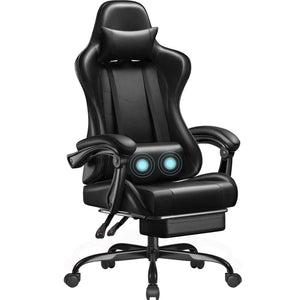 Gaming Chair, Video Game Chair with Footrest and Massage Lumbar Support, Ergonomic Computer Chair Height Adjustable with Swivel Seat and Headrest (Dark Black)