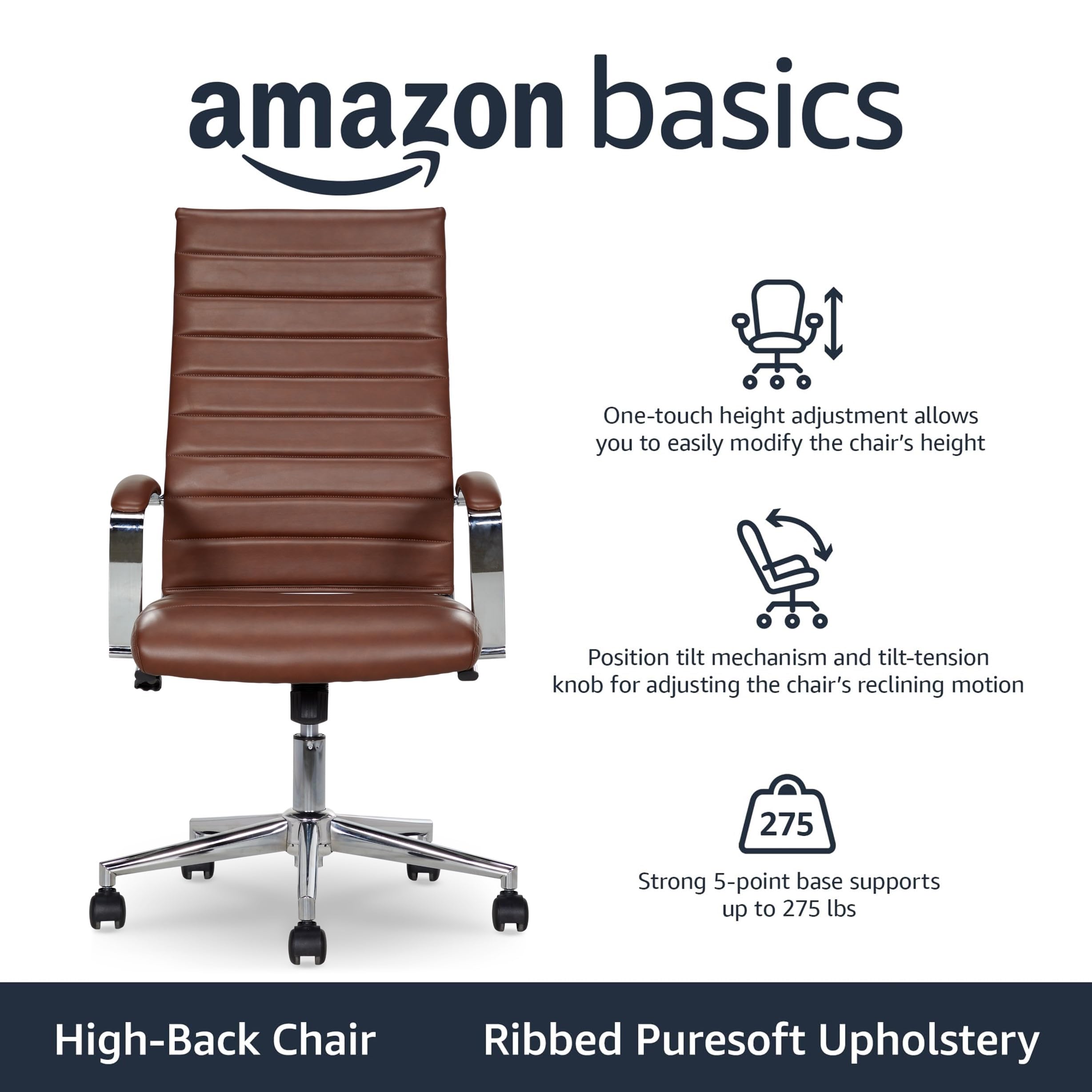High-Back Swivel Office Chair with Lumbar Support, Ergonomic Ribbed Faux Leather, Adjustable Height, 24.75