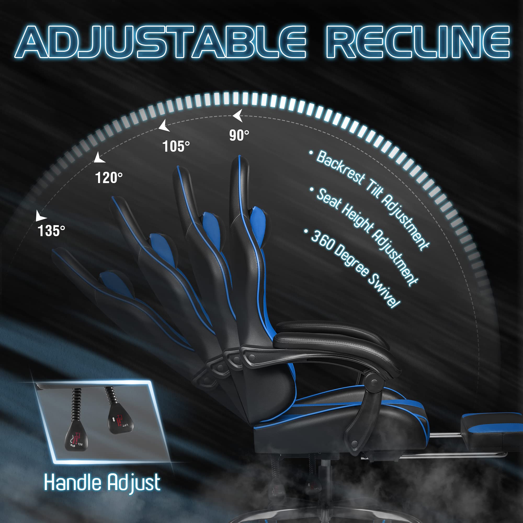 Gaming Chair, Video Game Chair with Footrest and Massage Lumbar Support, Ergonomic Computer Chair Height Adjustable with Swivel Seat and Headrest (Blue)