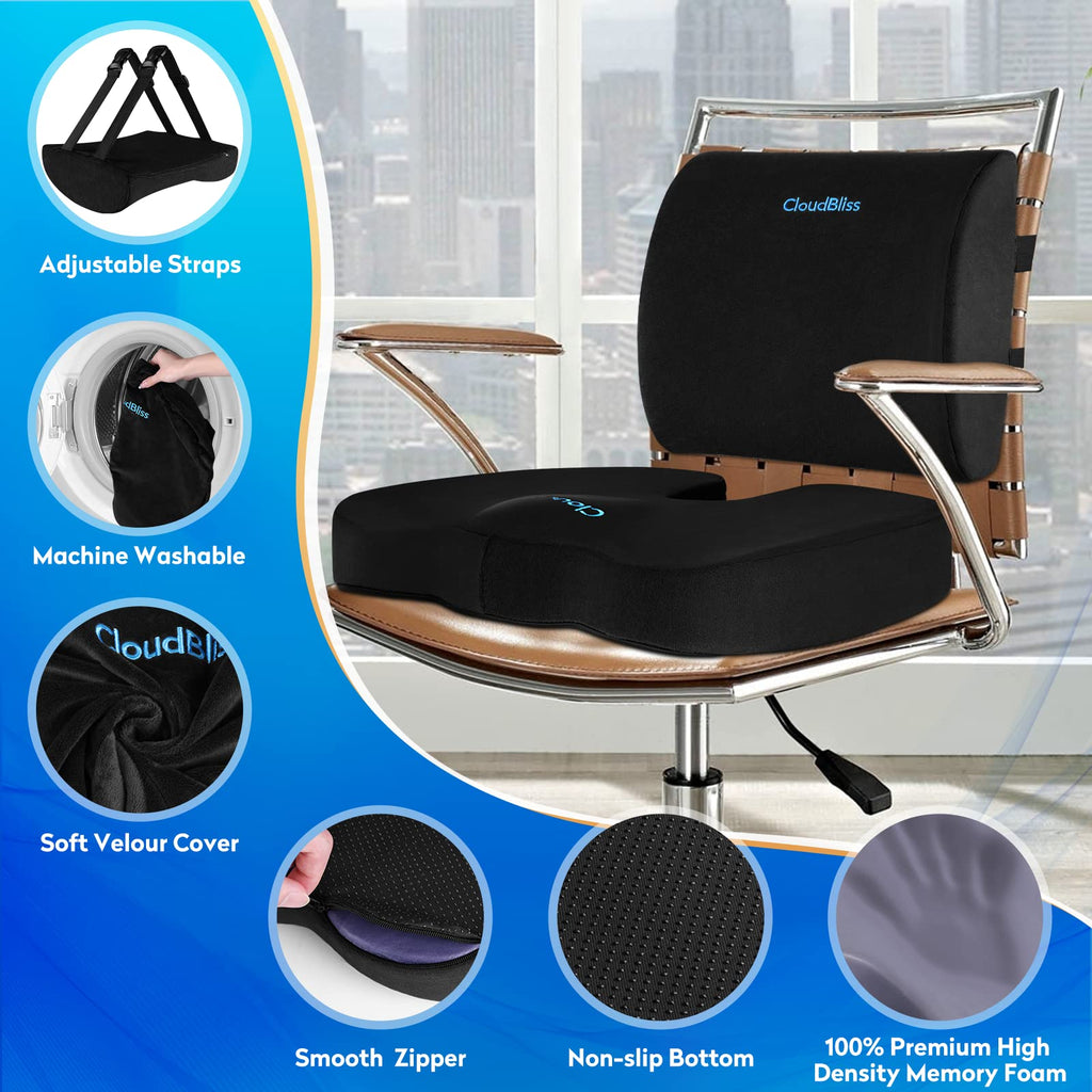 Lumbar Support Pillow & Seat Cushion Set for Office Chair, Desk Chair, Wheelchair & Car – Memory Foam Back Support, Ergonomic Chair Cushions, Sciatica Pain Relief, Home Essentials, Black
