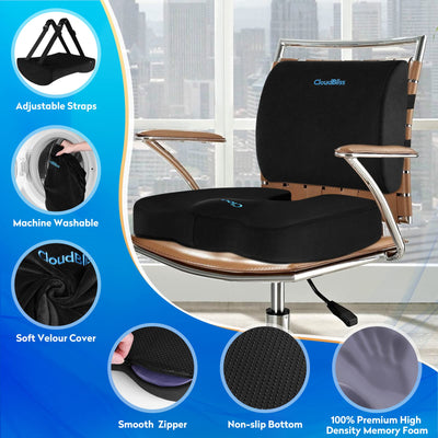 Lumbar Support Pillow & Seat Cushion Set for Office Chair, Desk Chair, Wheelchair & Car – Memory Foam Back Support, Ergonomic Chair Cushions, Sciatica Pain Relief, Home Essentials, Black