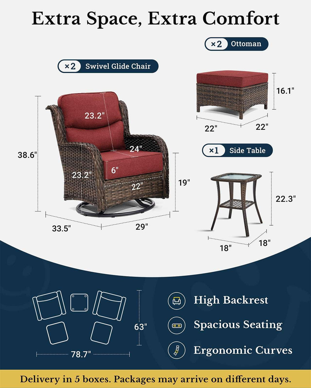 Luxury Patio Furniture Set with 6-inch Thick Cushion, Outdoor High Back Swivel Rocker Patio Chairs, 5PCS Wicker Conversation Set for Deck Yard and Poolside, Burgundy (V2)
