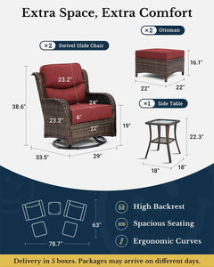 Luxury Patio Furniture Set with 6-inch Thick Cushion, Outdoor High Back Swivel Rocker Patio Chairs, 5PCS Wicker Conversation Set for Deck Yard and Poolside, Burgundy (V2)