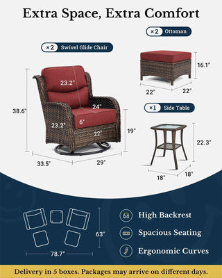 Luxury Patio Furniture Set with 6-inch Thick Cushion, Outdoor High Back Swivel Rocker Patio Chairs, 5PCS Wicker Conversation Set for Deck Yard and Poolside, Burgundy (V2)
