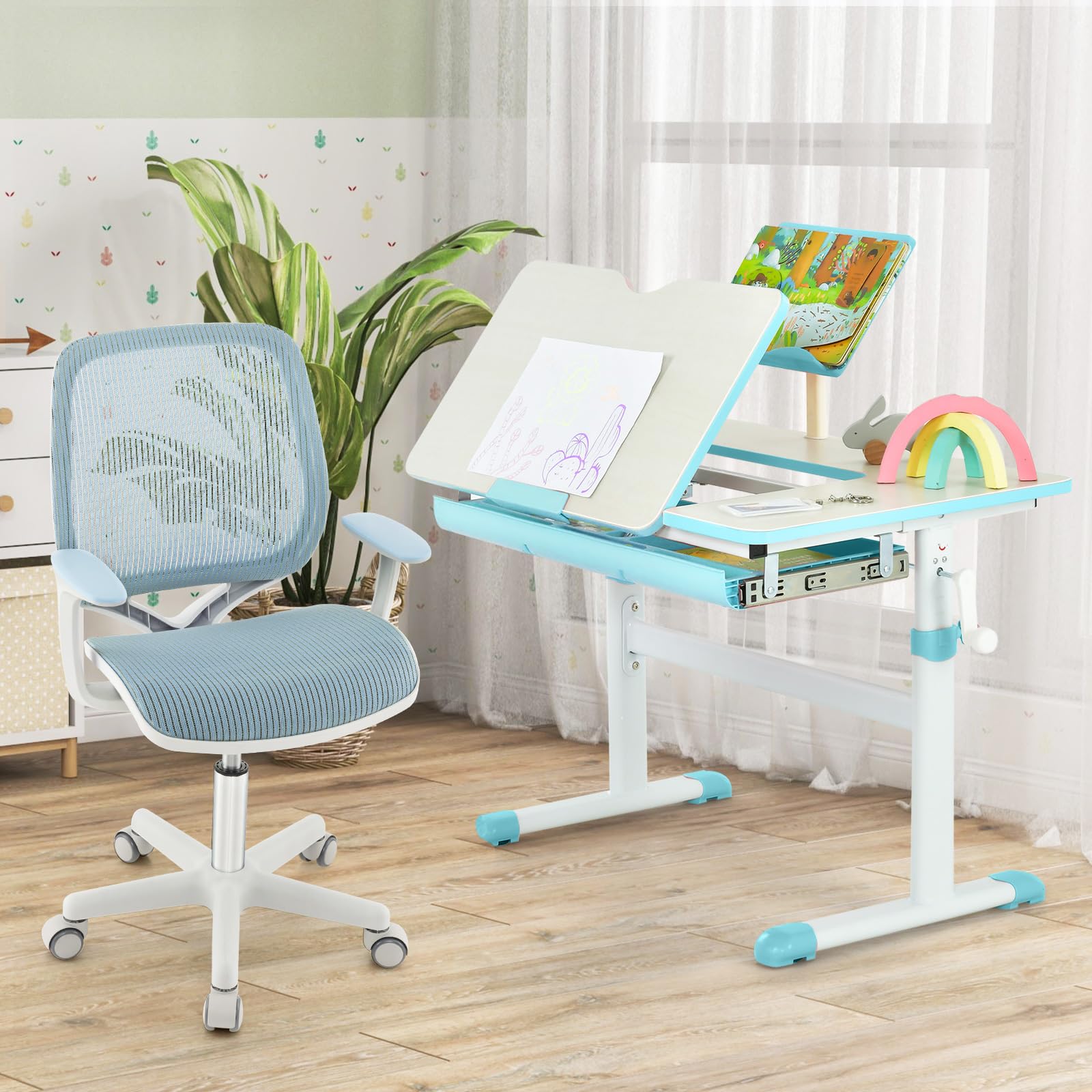 Kids Desk Chair, Height Adjustable Children Study Computer Chair with Armrests, Sit-Brake Casters, Swivel Mesh Task Chair for Boys Girls Teens Students, Kids Chair for Home, Office, School