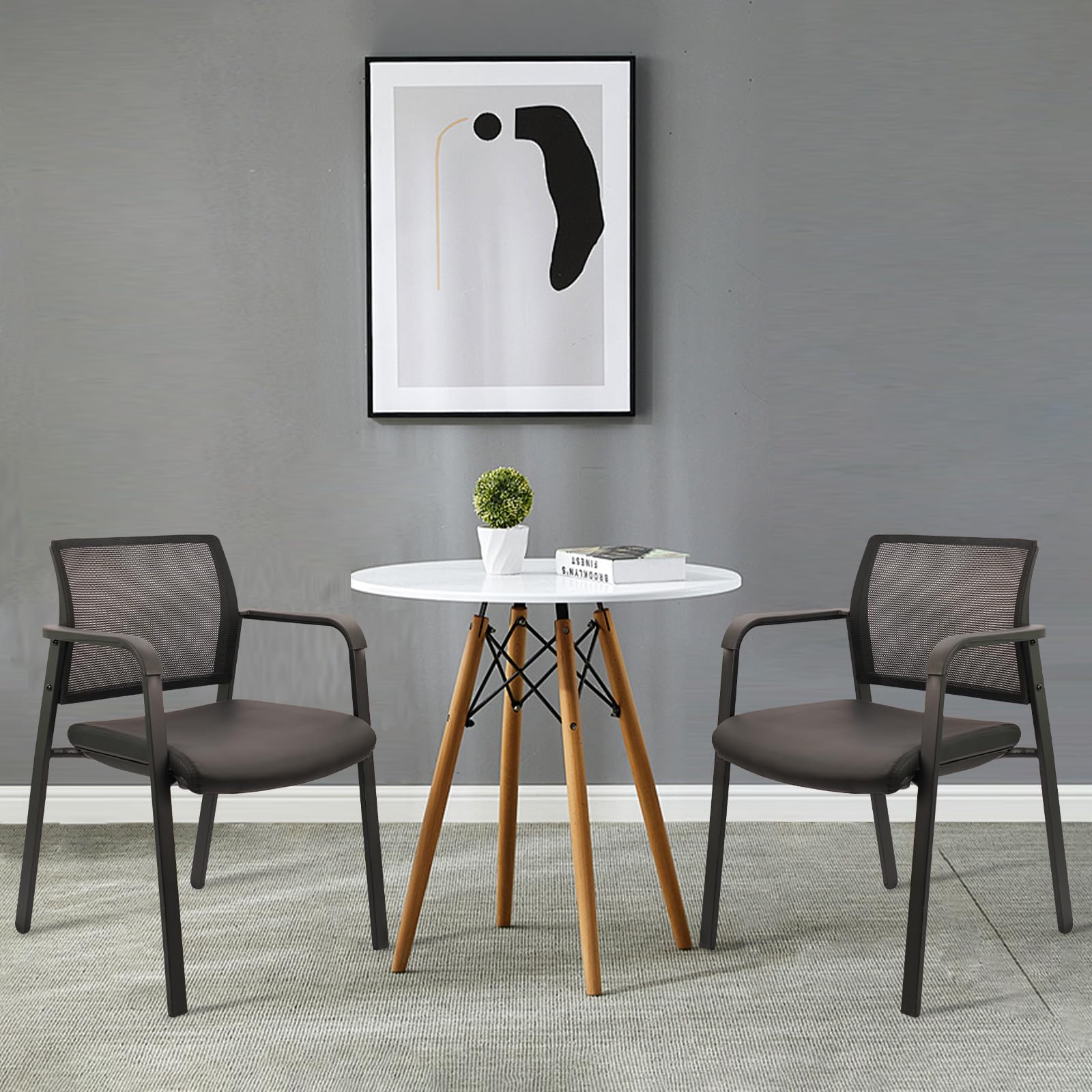 Black, Set of 2, Stackable Office Chair, Mesh Back Guest Chairs with Comfortable Leather Seat Arms Stacking Ergonomic Desk Chair No Wheels for Conference Waiting Reception School Stationary