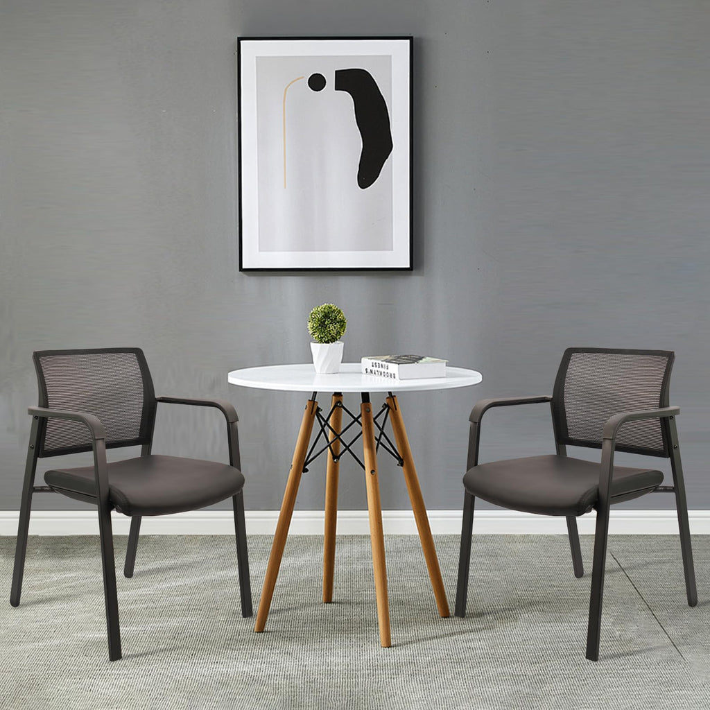 Black, Set of 2, Stackable Office Chair, Mesh Back Guest Chairs with Comfortable Leather Seat Arms Stacking Ergonomic Desk Chair No Wheels for Conference Waiting Reception School Stationary