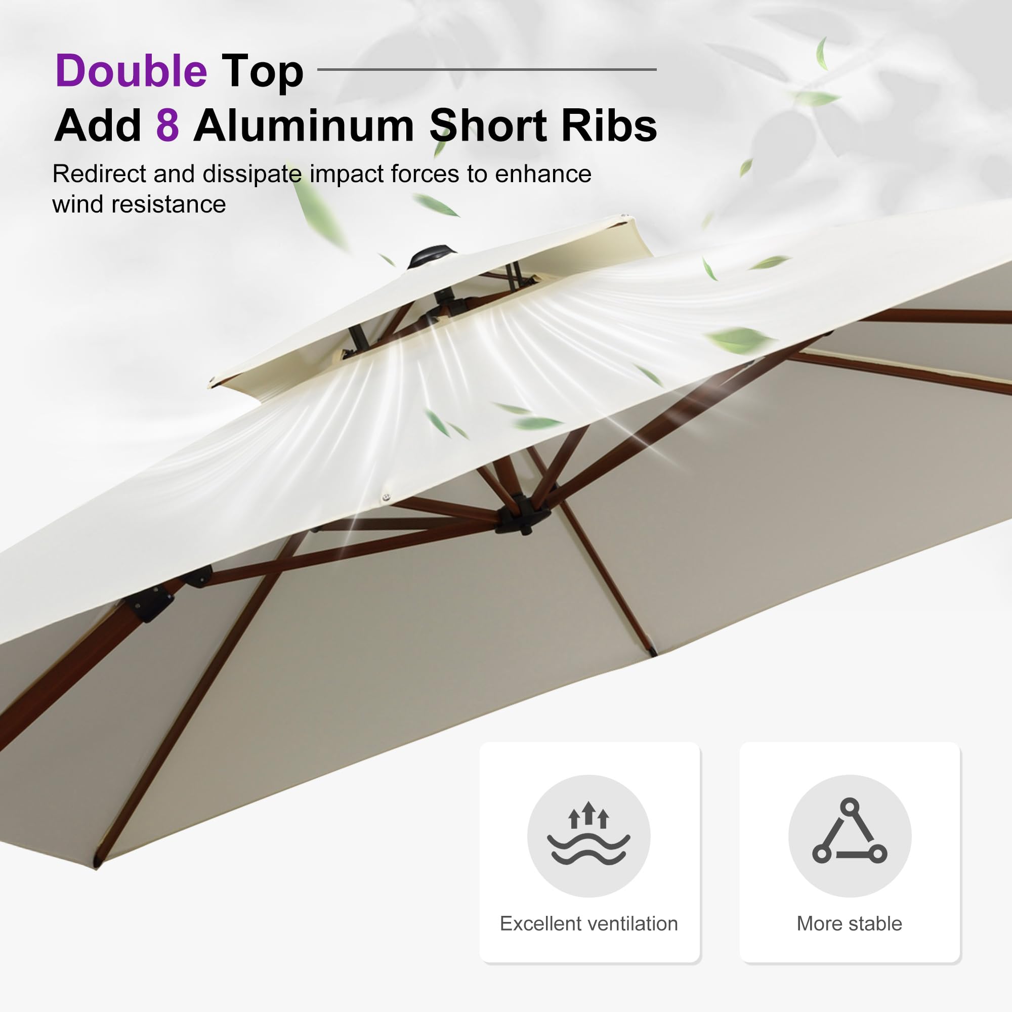 10' X 13' Double Top Deluxe Wood Pattern Rectangle Patio Umbrella Offset Hanging Umbrella Outdoor Market Umbrella Garden Umbrella, Cream