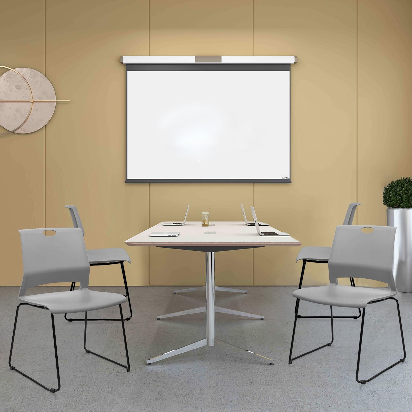 Set of 12, Gray, Stackable Guest Reception Chairs, Stacking Office Chair with Ergonomic Lumbar Support & Metal Legs, Plastic Desk Chairs for Conference School Church Waiting Meeting Break Room