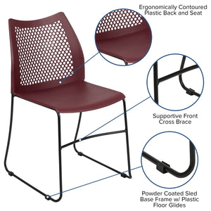 5 Pack 661 lb. Capacity Burgundy Stack Chair with Air-Vent Back and Black Powder Coated Sled Base