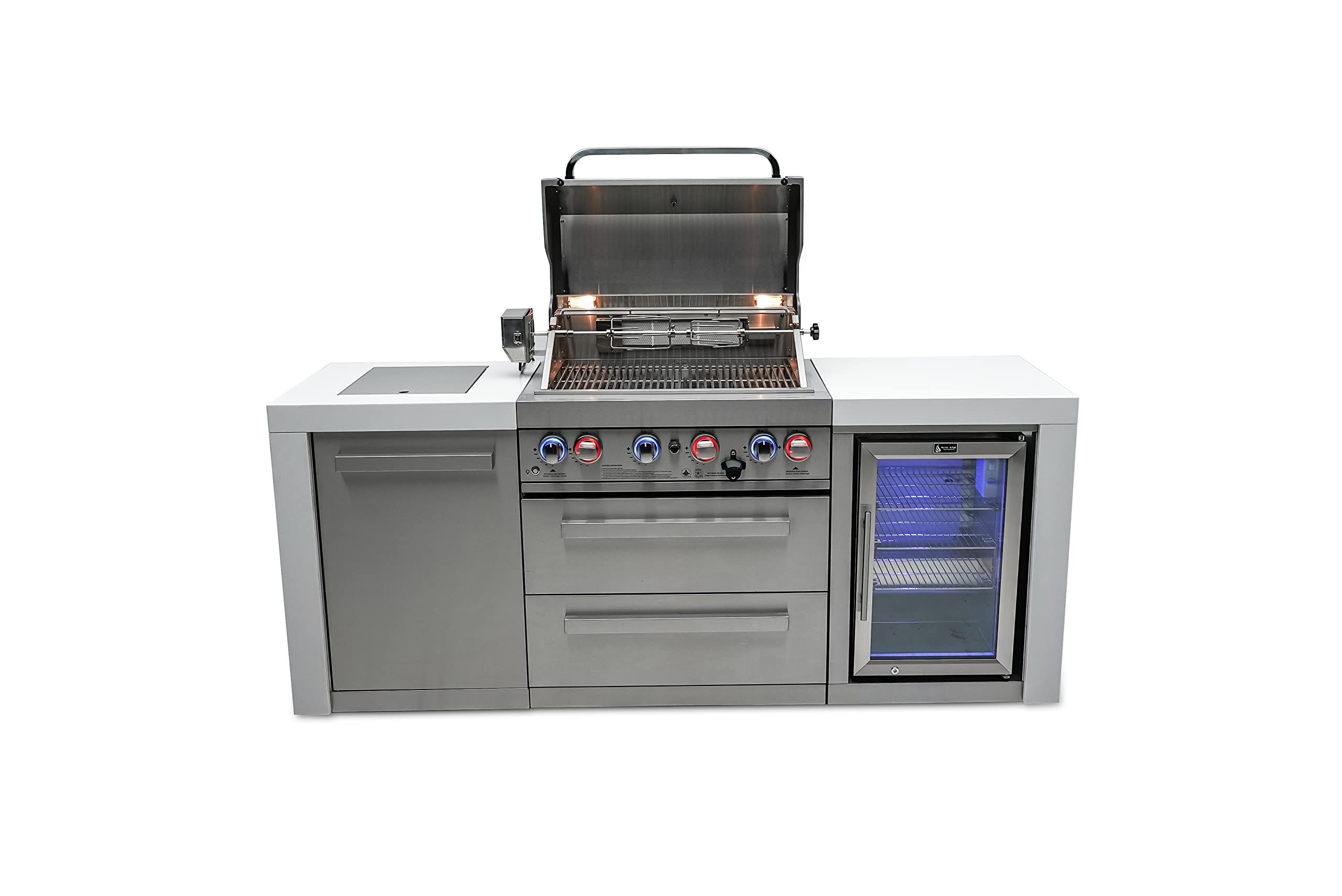 32-Inch 4-Burner 78000 BTU Deluxe Stainless Steel Gas Outdoor Kitchen Bar Barbecue Island Grill w/Infrared Side Burner + Wine Cooler Compact Refrigerator + Rotisserie Kit