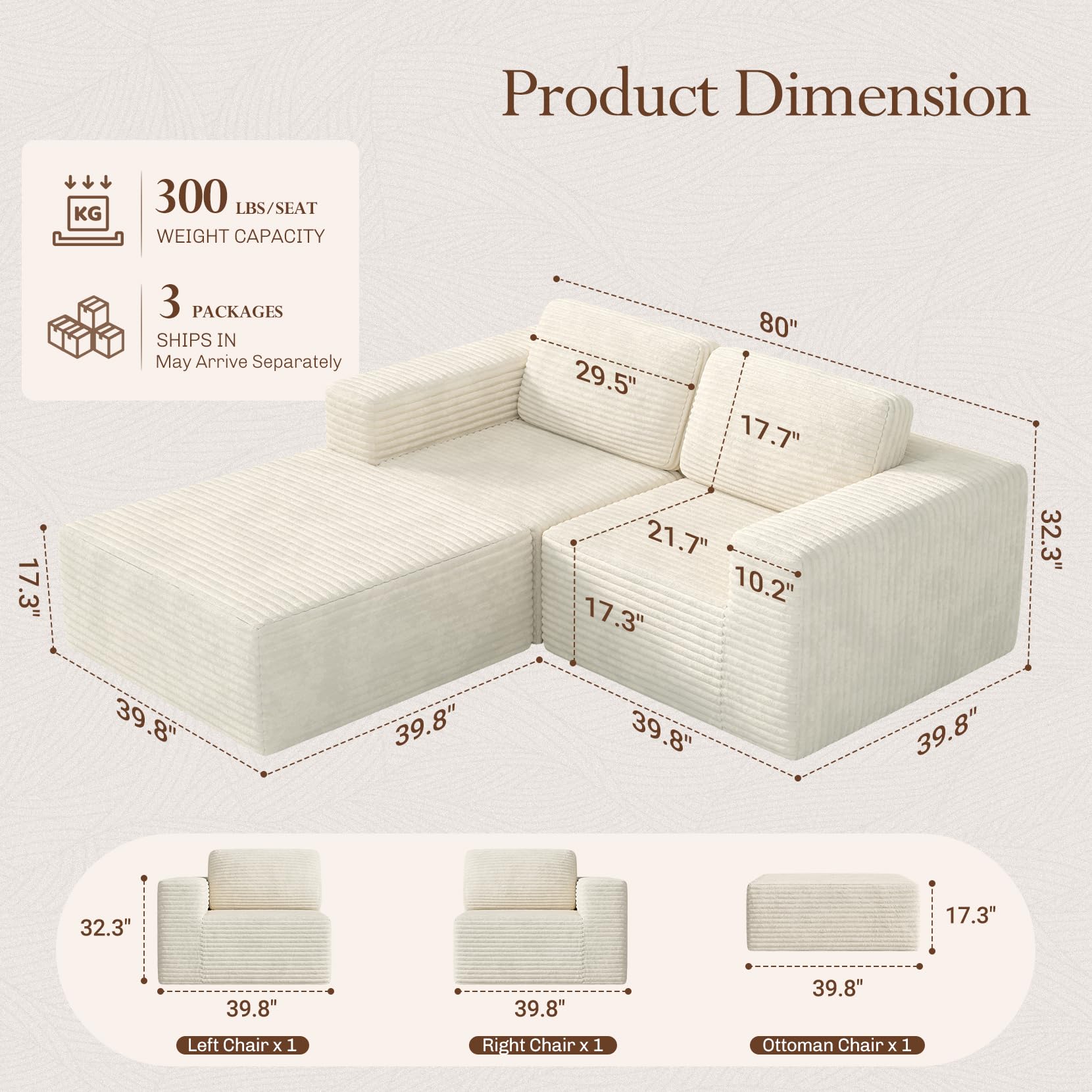 80" Modular Sectional Sofa, Corduroy Cloud Couch with Deep Seats & Spring Support, Compact 2 Seater Boneless Couch, L-Shaped Modular Sofa for Small Spaces, Apartments, No Assembly, Beige