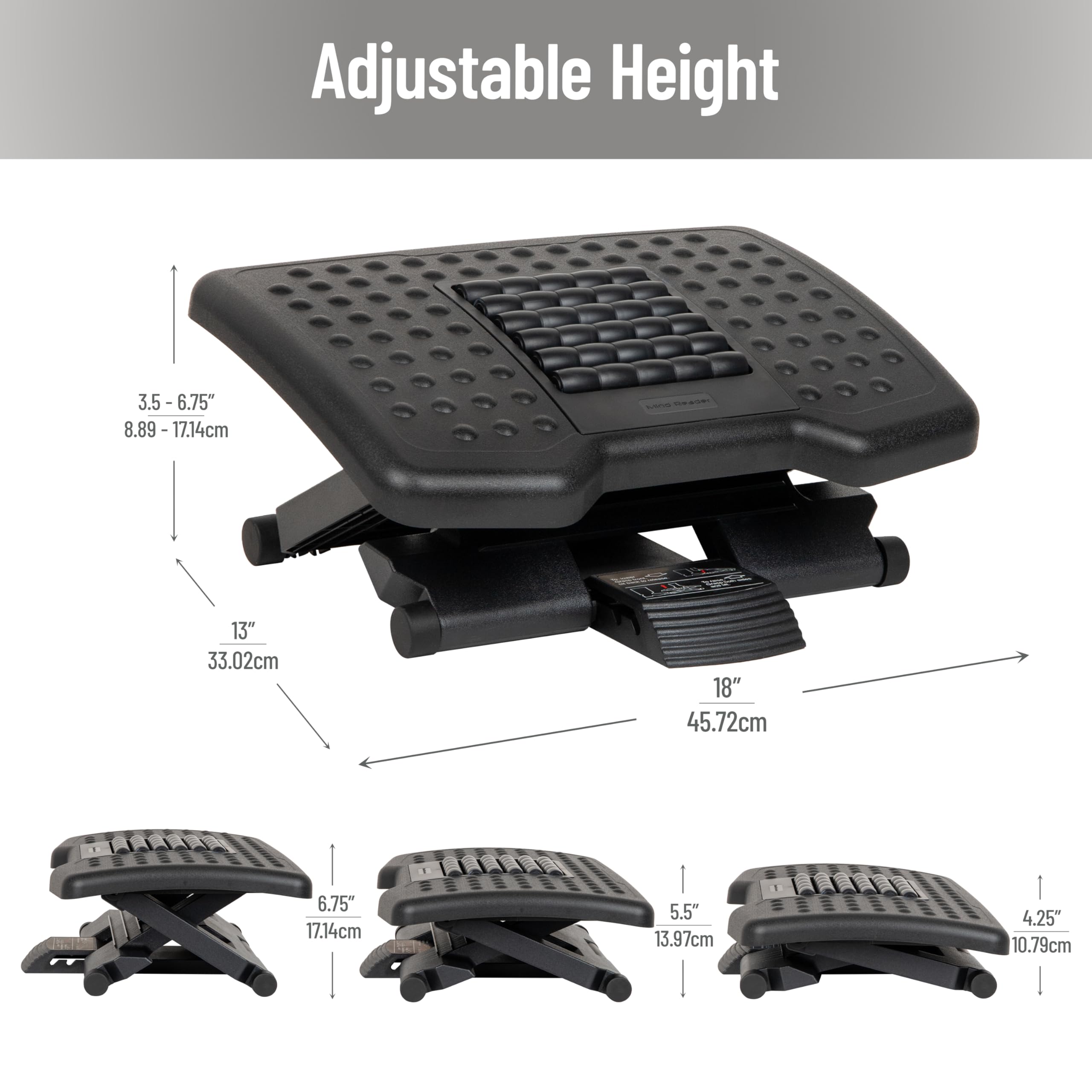 Adjustable Height Ergonomic Foot Rest with Massage Rollers, Black