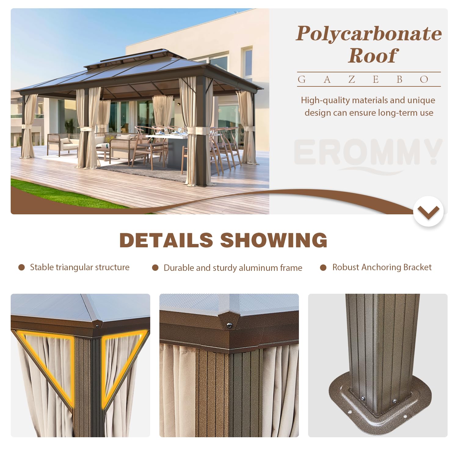 12' x 20' Gazebo Polycarbonate Double Roof Canopy with Aluminum Frame, Outdoor Permanent Metal Pavilion with Netting and Curtains for Garden Patio Lawns