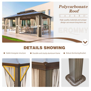 12' x 20' Gazebo Polycarbonate Double Roof Canopy with Aluminum Frame, Outdoor Permanent Metal Pavilion with Netting and Curtains for Garden Patio Lawns
