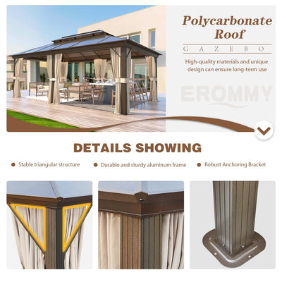 12' x 20' Gazebo Polycarbonate Double Roof Canopy with Aluminum Frame, Outdoor Permanent Metal Pavilion with Netting and Curtains for Garden Patio Lawns