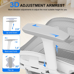 Ergonomic Mesh Office Chair, Home Desk Chair Comfy with Adjustable Lumbar Support 3D Headrest and Armrests, Reclining Big and Tall High Back Computer Gaming Chairs for Man Women, 350lbs Grey