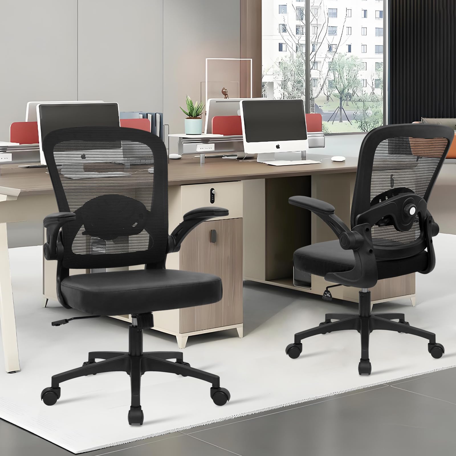 Home Office Desk Chair with Flip Up Armrests, Mesh Back Chair with Adjustable Height Lumbar Support and Leather Seat, Ergonomic Computer Task Chair for School, Conference, Black(2PK)