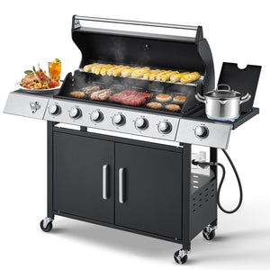 Upgraded 60,000 BTU Stainless Steel Burner Barbecue Grill, 6 Burner BBQ Propane Gas Grill with Side Stove & Cast Iron Grates for Patio, Camping, Outdoor Cooking