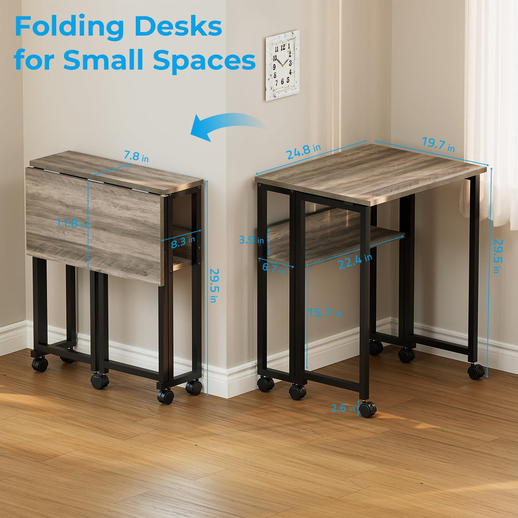 Folding Desk with Wheels, 24.8 Inch Compact Rolling Computer Table with Storage Shelf, Portable Mobile Workstation for Small Spaces, Easy Assembly,Grey Wash