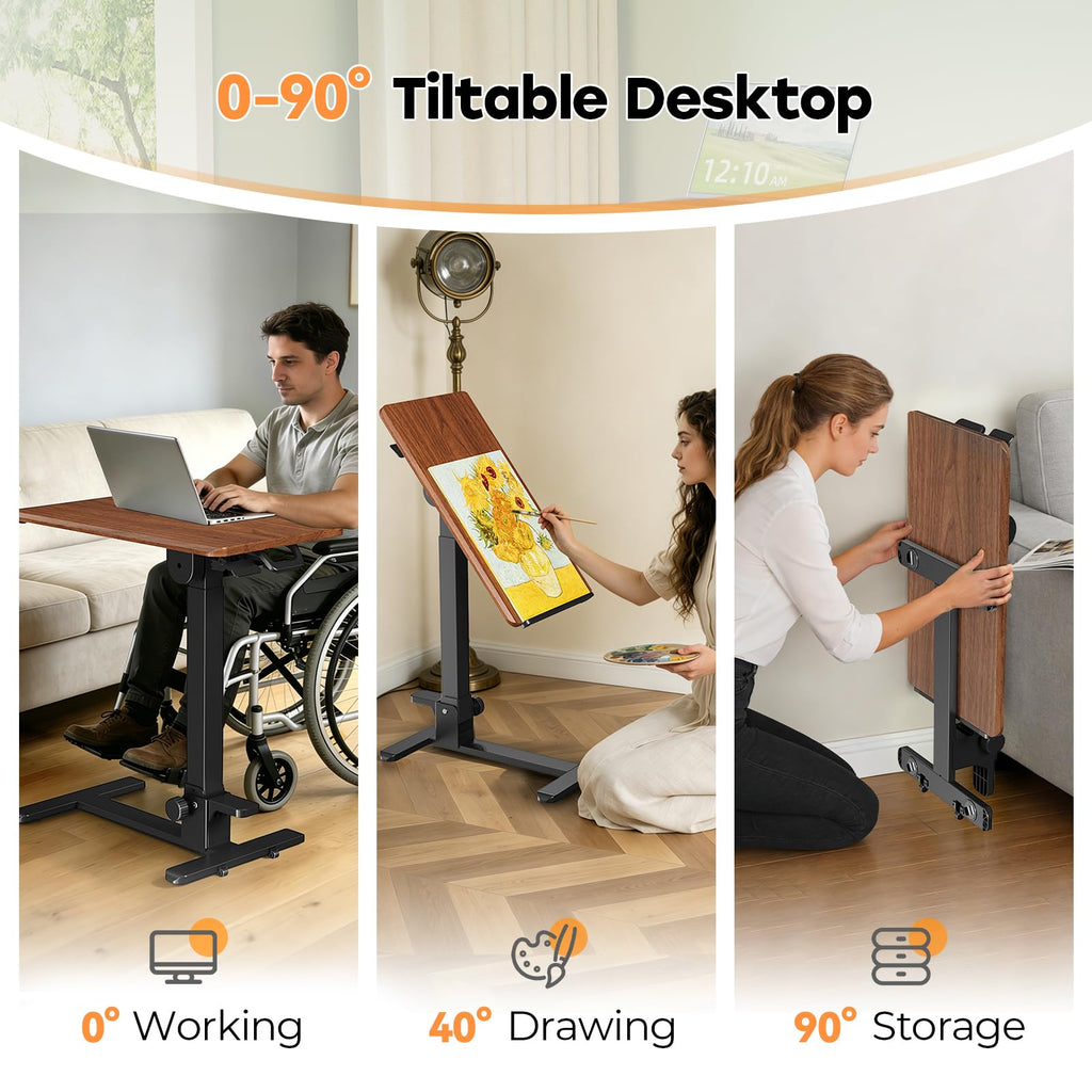 Foldable Mobile Standing Desk, 27 Inch Small Rolling Laptop Cart Height Adjustment, 90° Tiltable Bedside Table, No Assembly Needed Portable Computer Workstation, Dark Wood