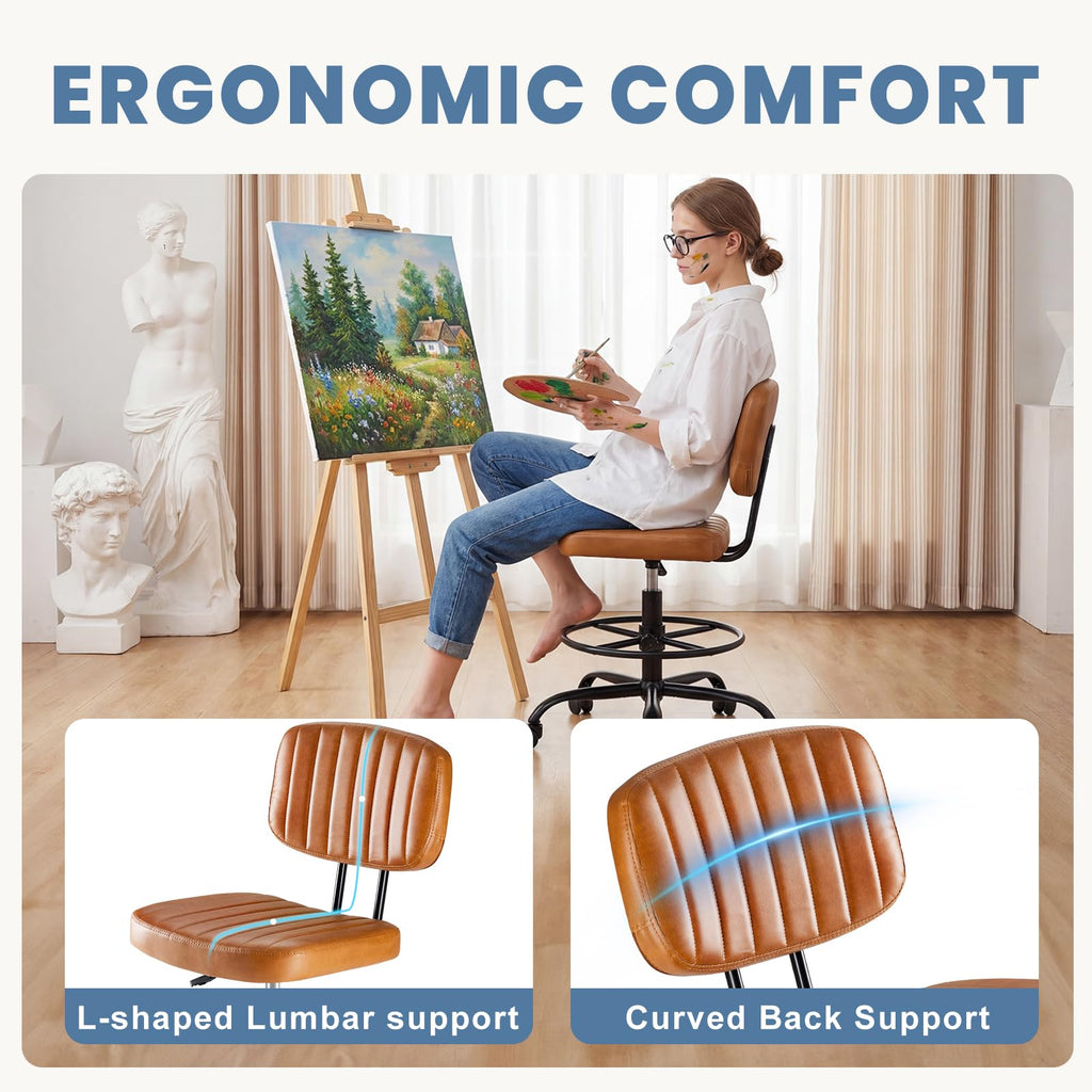 Armless Drafting Chair, Low Back Office Seat with Adjustable Footrest Ring for Standing Desk, Ergonomic PU Leather Office Seating, Swivel Rolling High Stool for Studio, Lab, Counter, Brown
