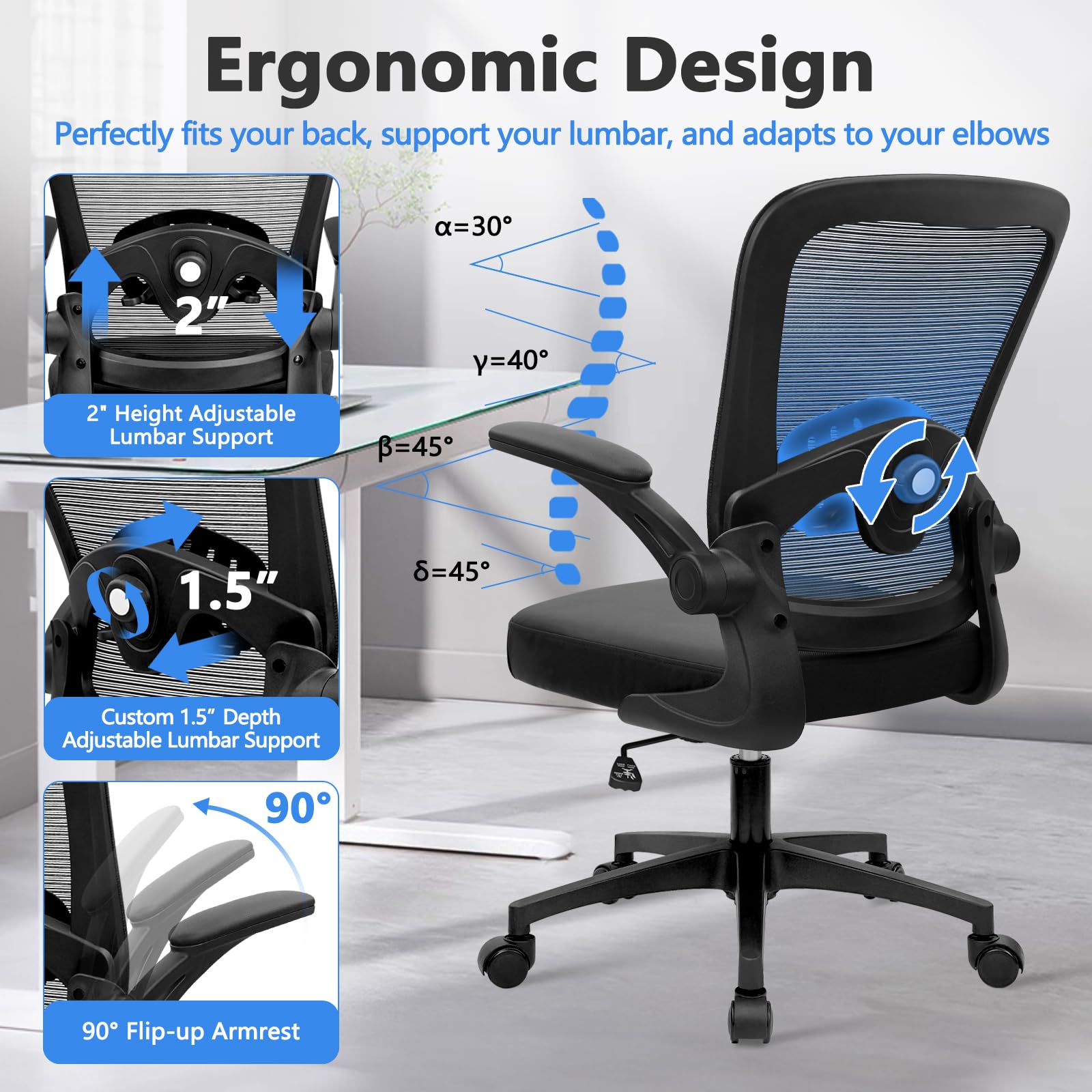 Home Office Desk Chair with Flip Up Armrests, Mesh Back Chair with Adjustable Height Lumbar Support and Leather Seat, Ergonomic Computer Task Chair for School, Conference, Black(8PK)