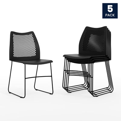 Set of 5 Black, Hercules Series Contoured Lobby Chairs with Air-Vent Honeycomb Backs, Ergonomic Stacking Chairs for Offices