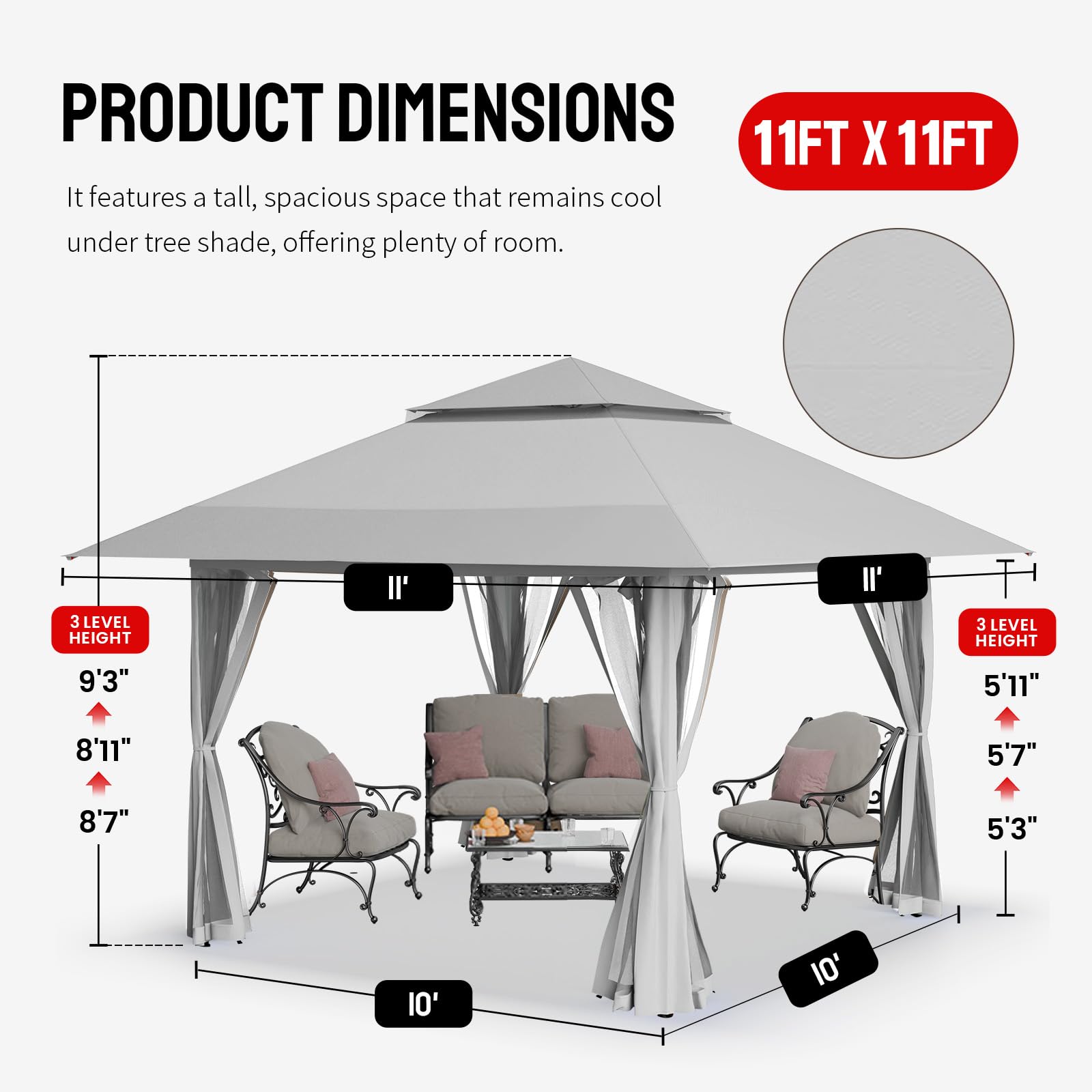 11X11 Outdoor Pop Up Gazebo Base 10X10 Patio Gazebos Patented Center Lock Quick Setup Newly Designed Storage Bag Instant Canopy Tent with Mosquito Nettings (11x11, Gray)