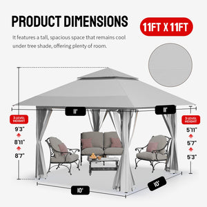 11X11 Outdoor Pop Up Gazebo Base 10X10 Patio Gazebos Patented Center Lock Quick Setup Newly Designed Storage Bag Instant Canopy Tent with Mosquito Nettings (11x11, Gray)