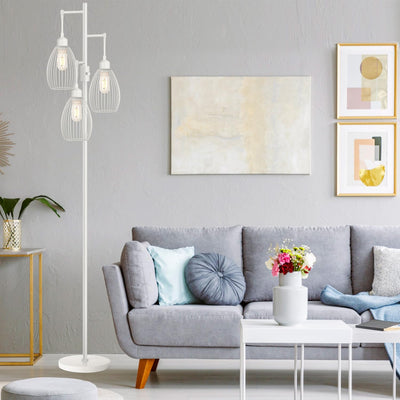 Dimmable Floor Lamp, 3 x 800LM LED Edison Bulbs Included, Farmhouse Industrial Floor Lamp Standing Lamp with Elegant Teardrop Cage Head Tall Lamp for Living Room Bedroom Office Dining Room - White