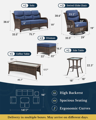 Luxury Patio Furniture Set with 6-inch Thick Cushion, Outdoor Couch and High Back Swivel Rocker Patio Chairs, 7PCS Wicker Conversation Set for Deck Yard and Poolside, Blue (V2)
