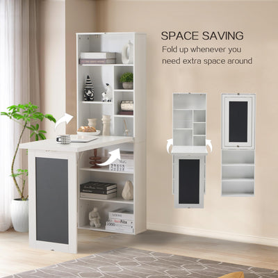 Folding Desk with Storage,Foldable Convertible Writing table with Blackboard and Shelves,Wall Mount Fold Out Table Cabinet , Space-Saving Murphy Desk Multi-Function Home Office Workstation (White)