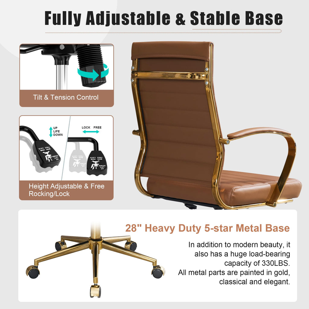 Gold Office Desk Chair, Ergonomic Leather Modern Conference Room Chairs, Executive Ribbed Height Adjustable Swivel Rolling Golden Chair for Home Office.