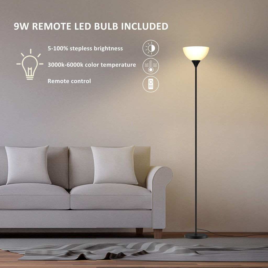 Floor Lamp, Remote Control with Stpeless Color Temperatures and Brightness, Torchiere lamp for Bedroom, Living Room, Bulb Included (Matte Black)