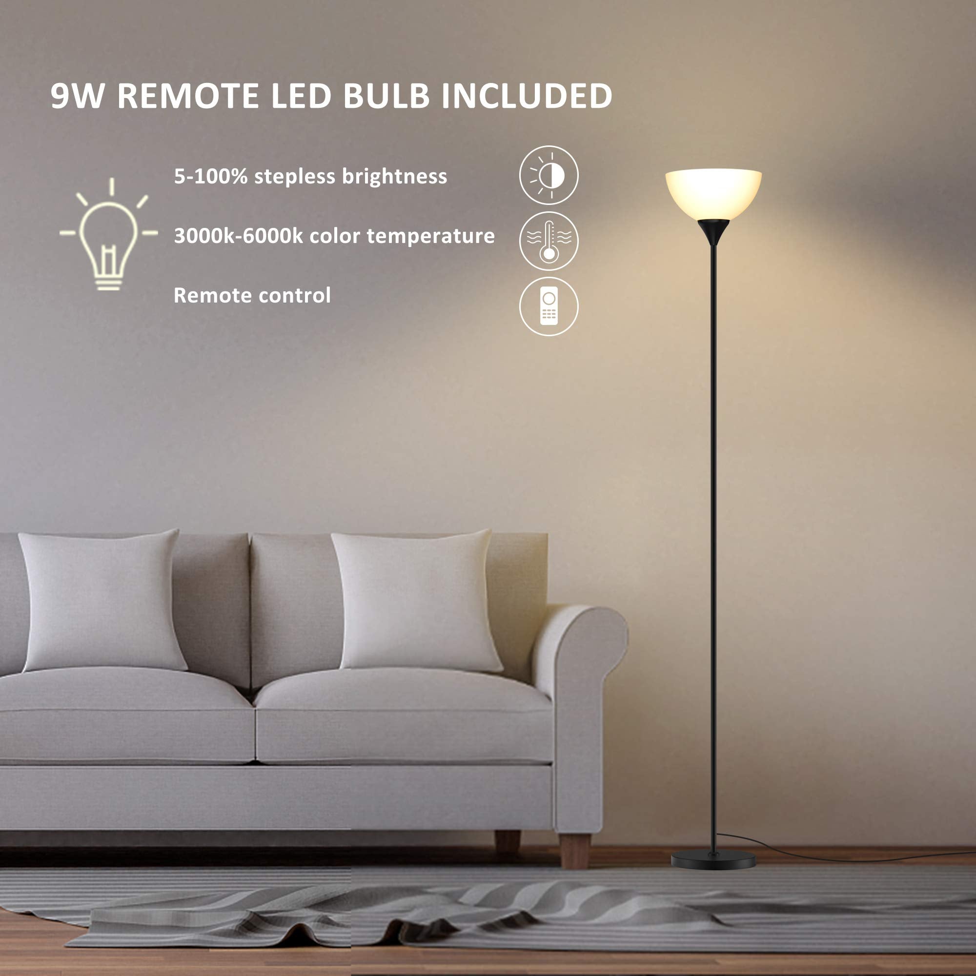 Floor Lamp, Remote Control with Stpeless Color Temperatures and Brightness, Torchiere lamp for Bedroom, Living Room, Bulb Included (Matte Black)