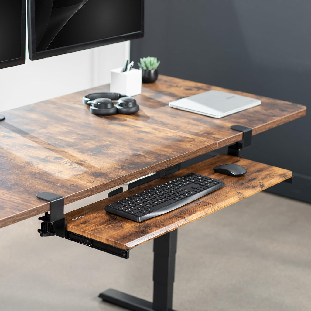 Extra Long Clamp-on Computer Keyboard and Mouse Under Desk Slider Tray, 34 x 11 inch Pull Out Platform Drawer, Rustic Vintage Brown, MOUNT-KB15EN