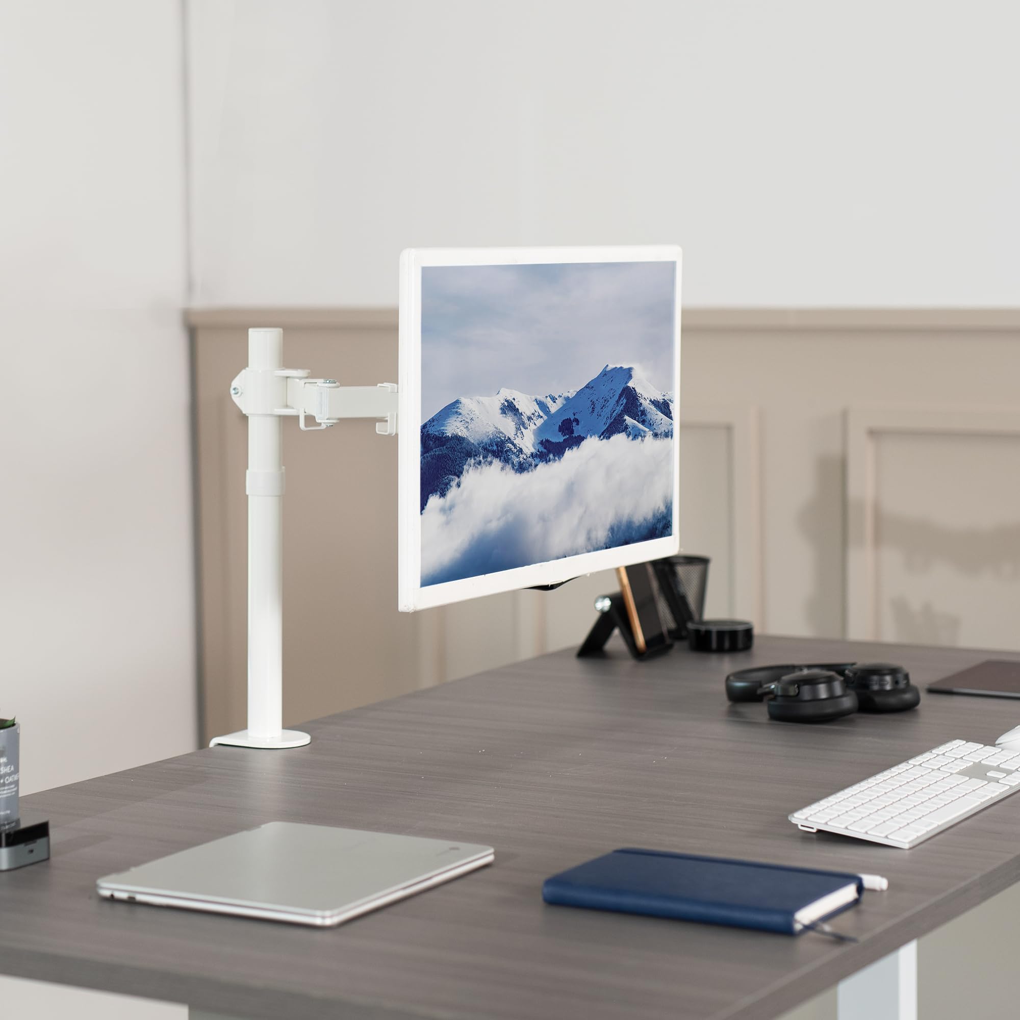 Single Monitor Arm Desk Mount, Holds Screens up to 32 inch Regular and 38 inch Ultrawide, Fully Adjustable Stand with C-Clamp and Grommet Base, VESA 75x75mm or 100x100mm, White, STAND-V001W