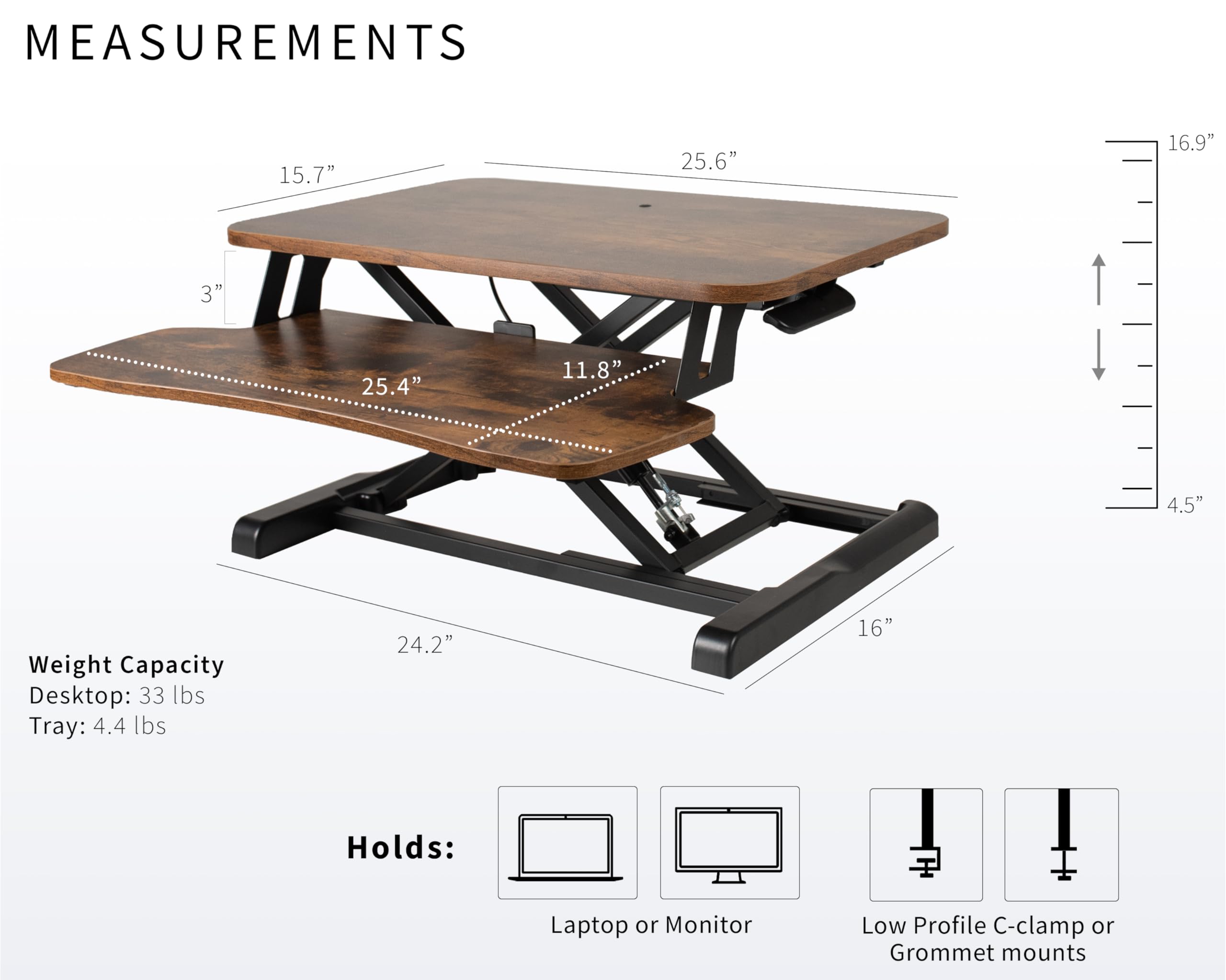 26 inch Desk Converter, K Series, Height Adjustable Sit to Stand Riser, Dual Monitor and Laptop Workstation with Keyboard Tray, Rustic Vintage Brown Top, Black Frame, DESK-V026KN