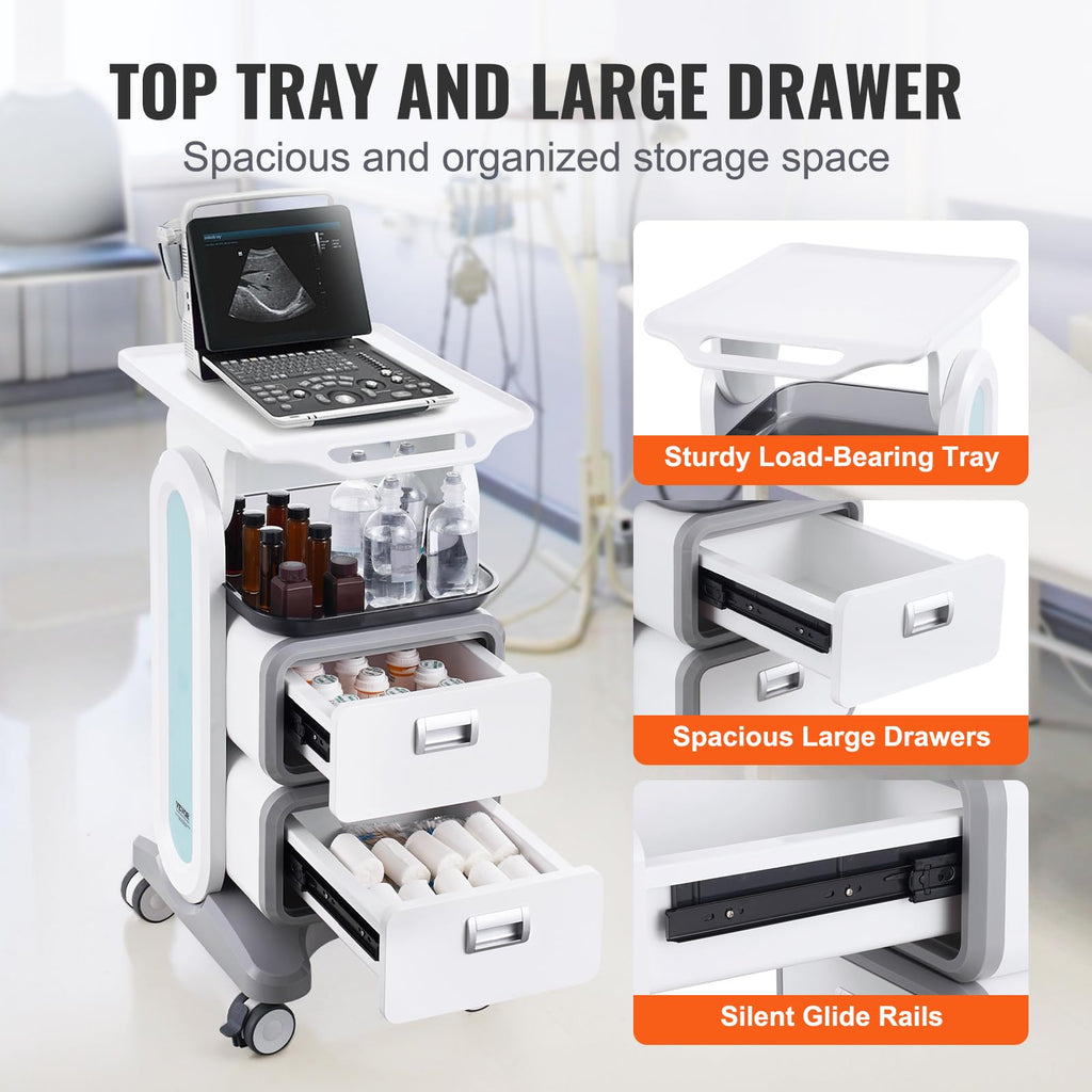 3 Tiers Lab Carts, Lab Utility Cart with 2 Drawers & 1 Top Tray, Mobile Medical Cart with ABS Material, Lab Rolling Cart with 4 Silent Wheels for Lab, Clinic, Hospital, Salon, White