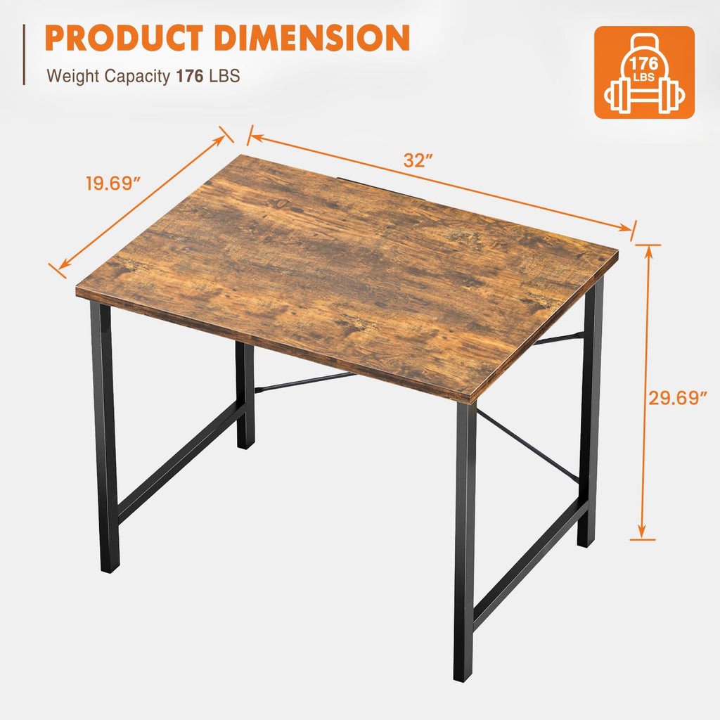 Computer Small Office Desk 32 Inch Student Study Writing Work with Metal Frame Wood Tabletop Modern Simple PC Home Bedroom Table, Rustic Brown