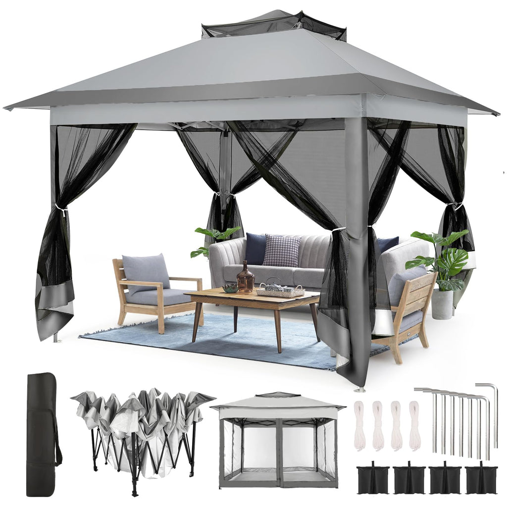 11x11 Pop Up Gazebo Canopy Tent Easy Up Outdoor Gazebo Waterproof Upgrade Portable Gazebo with Mosquito Nettings, Double Vented Roof and Carry Bag for Patio Garden Lawn(Gray)