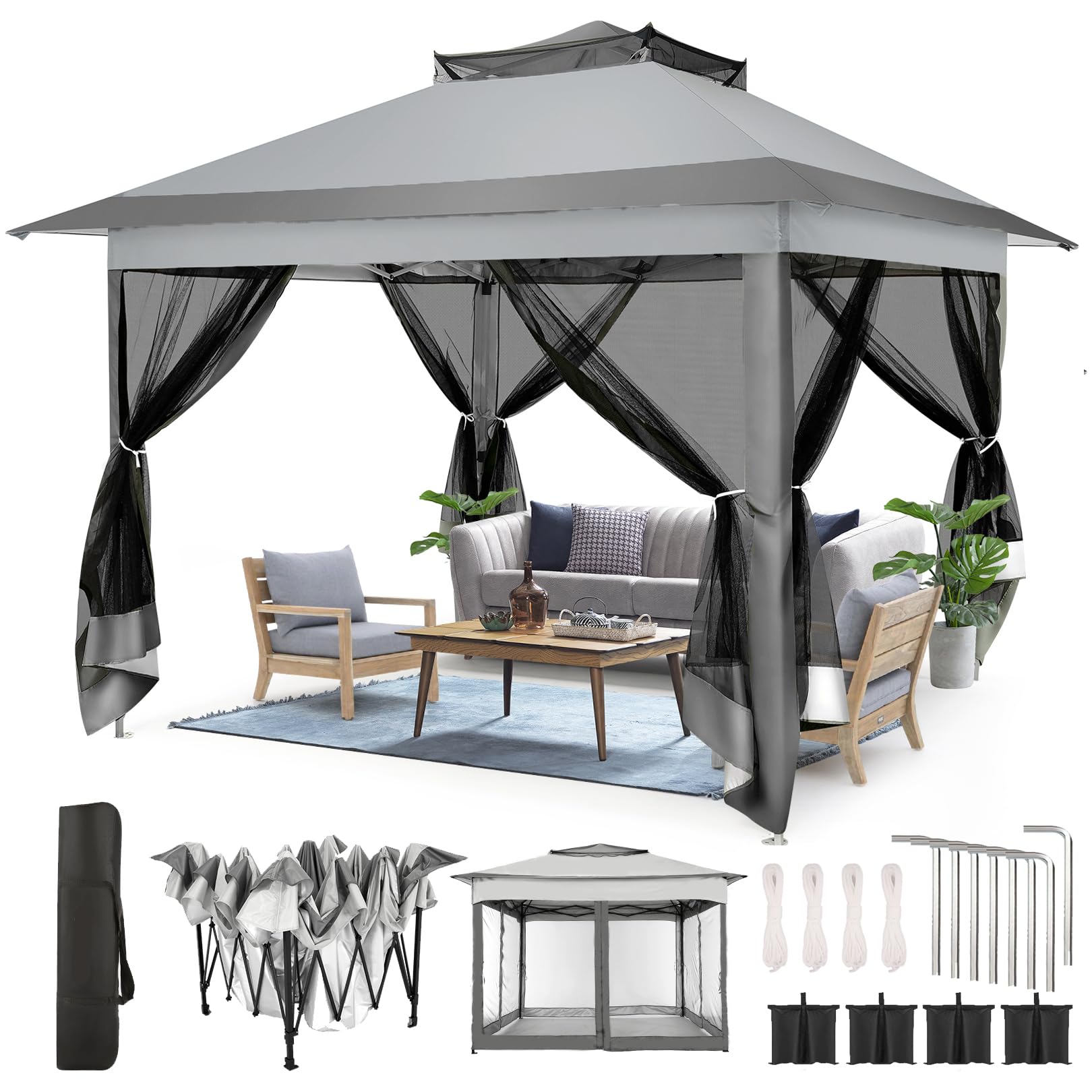 11x11 Pop Up Gazebo Canopy Tent Easy Up Outdoor Gazebo Waterproof Upgrade Portable Gazebo with Mosquito Nettings, Double Vented Roof and Carry Bag for Patio Garden Lawn(Gray)