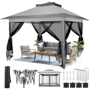 11x11 Pop Up Gazebo Canopy Tent Easy Up Outdoor Gazebo Waterproof Upgrade Portable Gazebo with Mosquito Nettings, Double Vented Roof and Carry Bag for Patio Garden Lawn(Gray)
